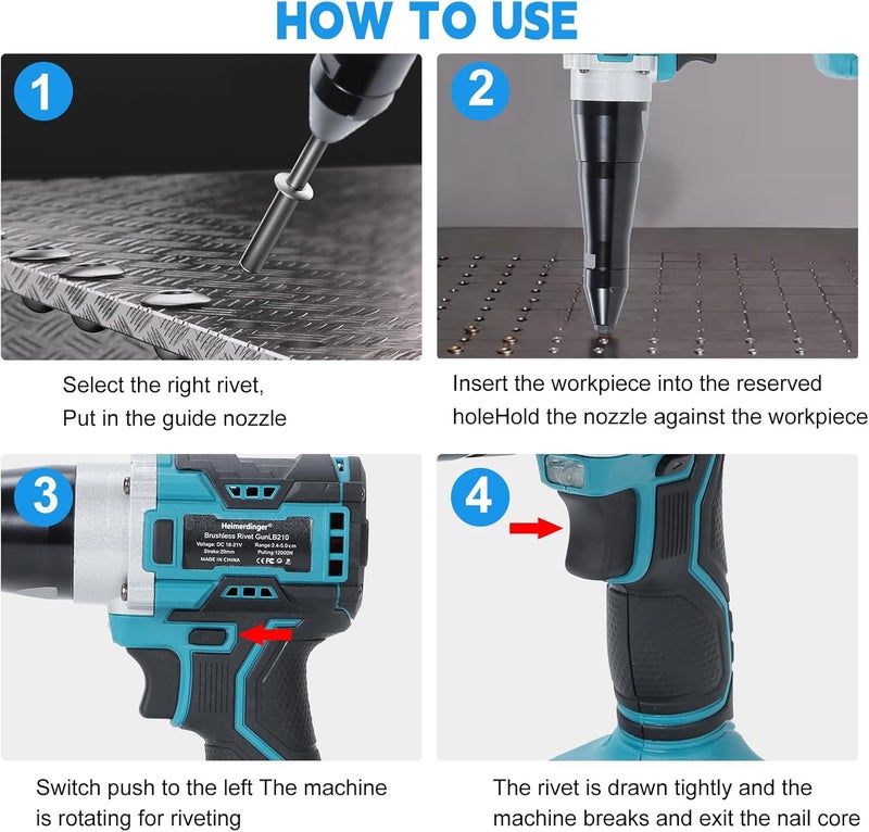 Heimerdinger Brushless Cordless Rivet Gun Compatible with Makita 18V Battery (Not Included), 12000N Pulling Force, for 1/8" 5/32" 3/16" Rivets, LED Light, Auto Reverse - Image 3